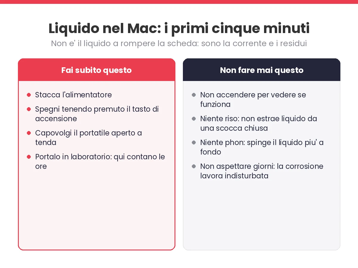 Cosa fare e cosa non fare nei primi minuti dopo aver versato del liquido su un Mac