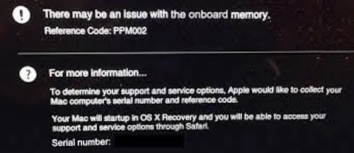 Elenco dei codici di errore da PPM001 a PPM015 restituiti dall'Apple Hardware Test per i problemi di memoria