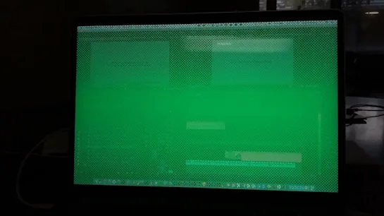Schermo di un Mac con artefatti grafici verdi causati dalla scheda video guasta