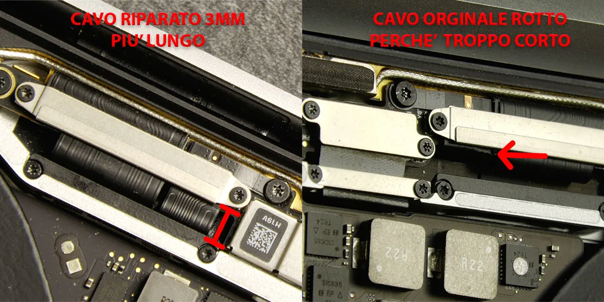 Confronto fra il cavo della retroilluminazione riparato, 3 mm piu' lungo, e il cavo originale rotto perche' troppo corto