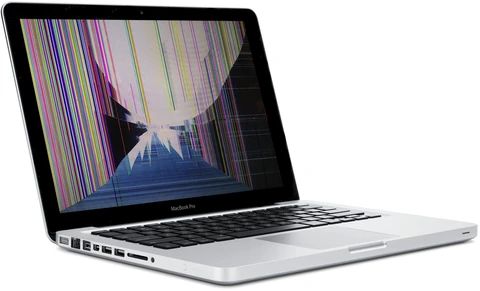 MacBook Pro con lo schermo danneggiato e pieno di artefatti grafici